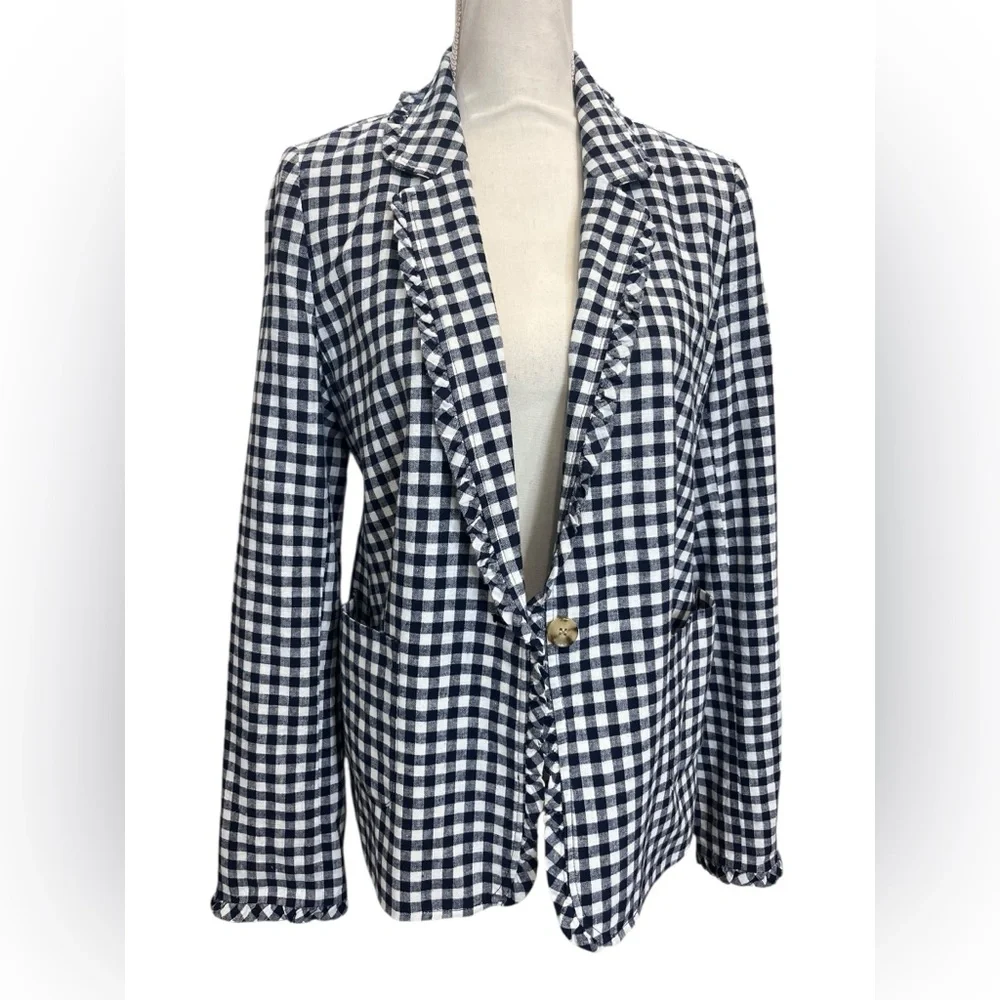 Crown & Ivy Navy Gingham Linen Cotton Blazer Ruffle Trim Size 8 - Picture 2 of 11